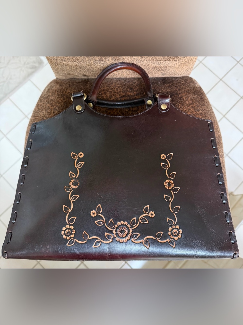 Preston & York Dark Brown Floral Embossed Leather Satchel